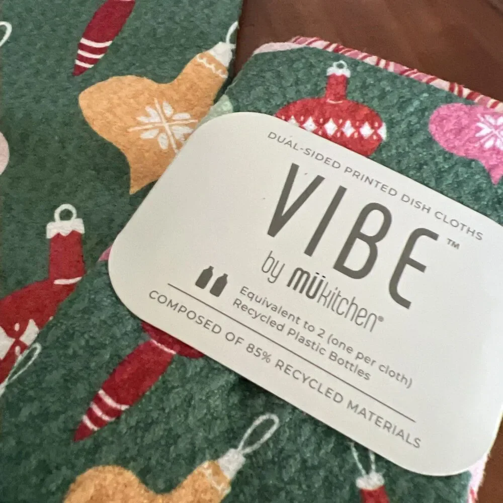 Vibe By MUkitchen 4 Pc Tea Towel Cloths Scrub New Recycled Material Xmas Holiday